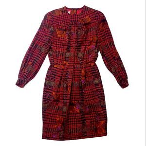 Vintage 100% Silk Anne Crimmins for Umi Collections Houndstooth + Florals Dress